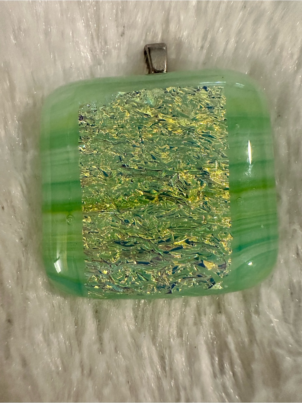 Green Glass Dichroic Square Pendant Necklace